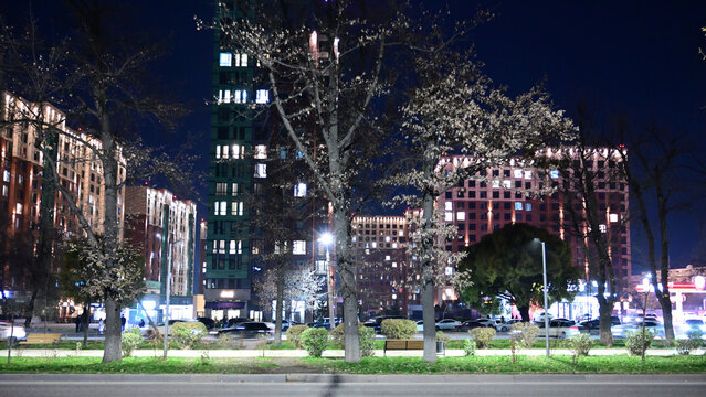 Almaty city streets. Abay Bi street night fall.