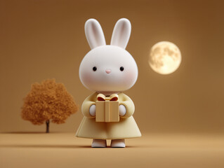 Adorable Chuseok rabbit in hanbok holding gift box under full moon