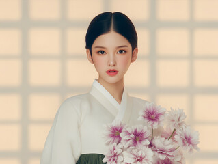 Beautiful Korean woman in white hanbok holding pink flowers in warm light