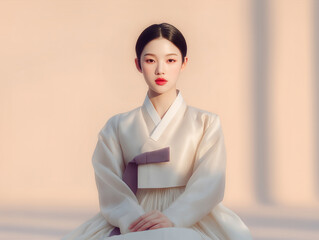 Graceful Korean woman sitting in ivory hanbok under soft afternoon light