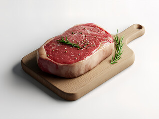 Fresh raw steak on wooden cutting board with rosemary and peppercorns