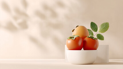 Autumnal background, Persimmons in ceramic bowl with green leaves on warm background
