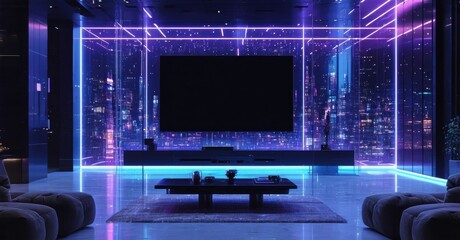 Modern living room features large screen, neon lights, city view. Minimalist furniture creates sleek, futuristic space.