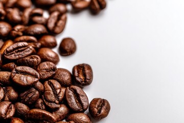 Fototapeta premium Roasted coffee beans scattered on clean white background with soft studio light