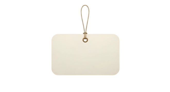 Beige tag hangs; rounded rectangle, brown string, black background