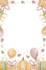 Frame pumpkin, gifts, balloons, autumn leaves. Hand-drawn watercolor illustration in childish Halloween style, isolated from background for design invitations, cards, templates greetings party holiday