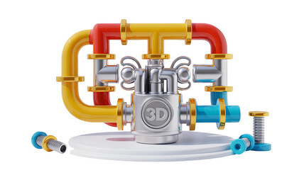 Fototapeta premium 3d icon of complex industrial pipe system with valve and gears isolated on transparent background