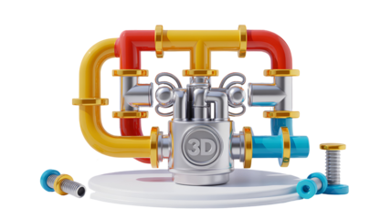 3d icon of complex industrial pipe system with valve and gears isolated on transparent background