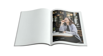 Open book featuring a laughing woman sitting at a cafe