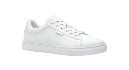 Clean, white, leather-like sneaker with white laces and rubber sole