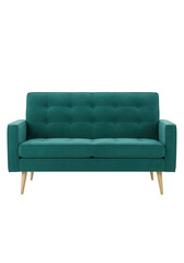Fototapeta premium Modern teal sofa with wooden legs isolated on transparent background