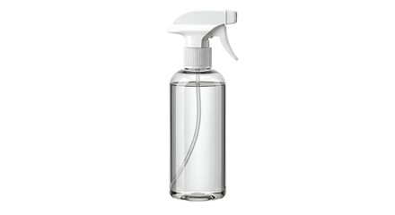 Clear plastic spray bottle with white nozzle, filled with liquid