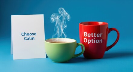 Green cup of steaming tea near a red mug with the words Better Option