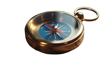 3d icon of vintage brass compass with a blue face and red needle, isolated on transparent background