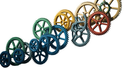 3d icon of a group of colorful gears in various sizes, arranged in a diagonal line, isolated on a transparent background