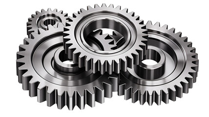 3d icon of three interlocking metal gears in a closeup view isolated on transparent background