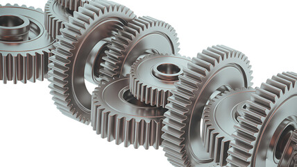 3d icon of a row of interlocking metal gears isolated on transparent background