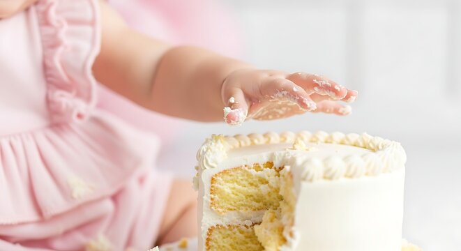 Baby girls first birthday cake smash with pink dress adorable hands