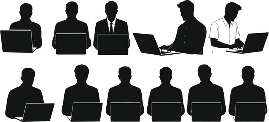Business and casual people silhouettes working on laptops, remote work, office, freelance, technology, vector illustration collection