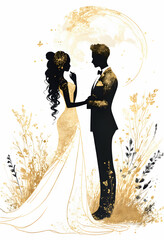 Couple in Black and Gold Romantic Wedding Illustration - Silhouette of a bride and groom in black and gold, amid gold floral accents set against a white background.