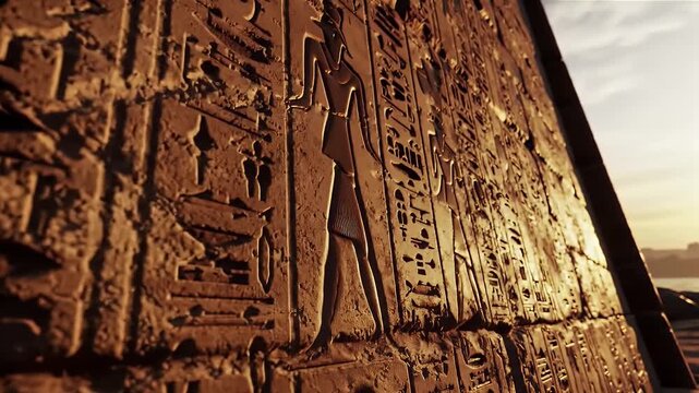 Hieroglyphic Carvings at Golden Sunset Light on Ancient Stone Wall Background Near Body of Water