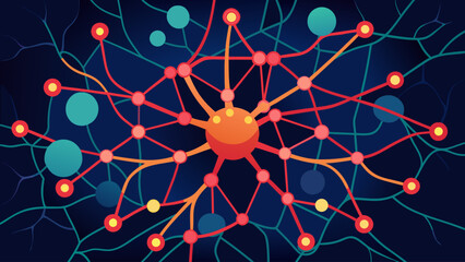 A colorful drawing of a brain with many different colored dots. The drawing is abstract and has a lot of detail