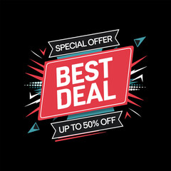 Best Deal Special Offer Banner Vector, Dynamic Geometric Discount Tag Up to 50% Off on Black Background