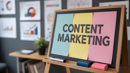 Elevate your brand with compelling content marketing strategies shown on colorful display, perfect visual for engaging presentations or creative business meetings