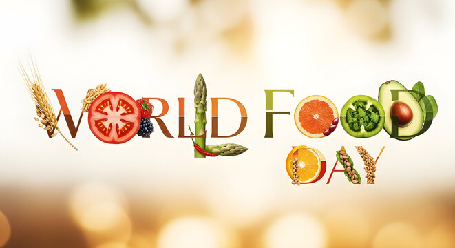 World Food Day Vibrant typography crafted from fresh fruits vegetables, and grains symbolizing a global dedication to nourishing communities and promoting healthy eating habits