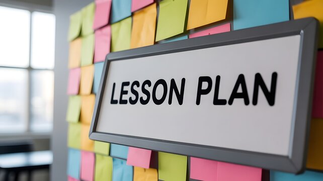 Inspiring lesson plan whiteboard with colorful sticky notes in a modern classroom to prepare effective learning for students and teachers