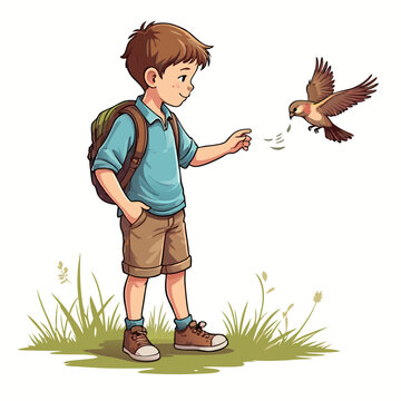 A kind young boy with a backpack standing in grass gently feeding a small flying bird from his outstretched hand.