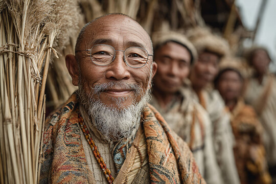 ortrait of an elderly Mizo farmer smiling proudly during Thalfavang Kut, wearing a traditional shawl and holding a bundle of freshly cut crops. 
