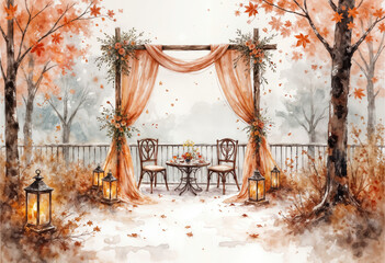 Autumn Garden Wedding Arch - Romantic, serene autumn wedding setup featuring an elegant wooden arch with flowing orange fabric, surrounded by lanterns, a small table, and chairs amid fall foliage.