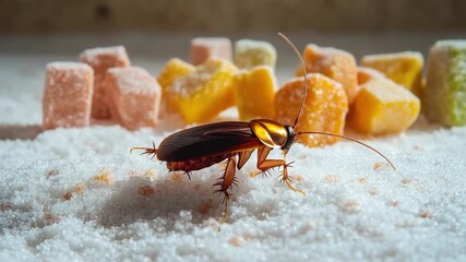 A cockroach sits on top of a pile of sugar, highlighting the insect's attraction to sweet substances