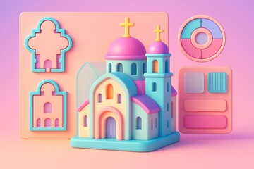 Fototapeta premium Colorful stylized church model with architectural elements and infographics on a soft pastel background representing cultural design concept. Ai generative