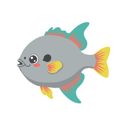 Cute cartoon fish with colorful fins and big eyes.