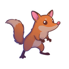 Cute cartoon fox standing upright with a curious expression and fluffy tail.