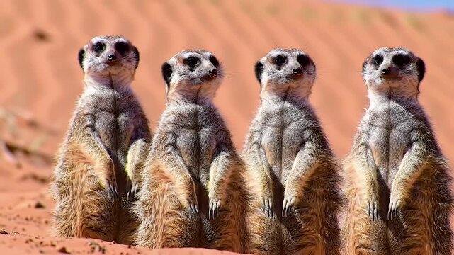 Four Meerkats Standing Alert on Red Sand in Sunny Day