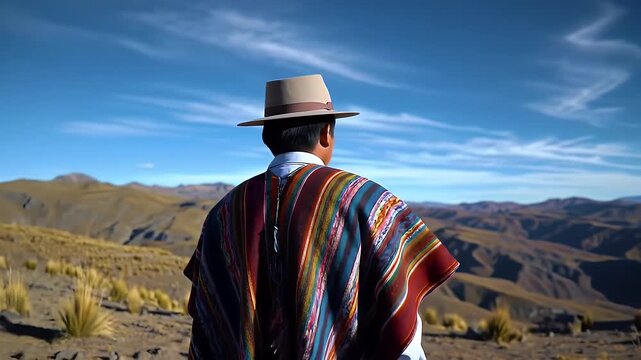 Rear View of Man in Traditional Andean Poncho Hat Against Blue Sky Mountain Vista