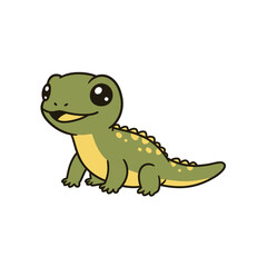 Cute green cartoon lizard with big eyes smiling happily.