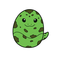 Cute green spotted dinosaur egg character with a friendly smile.