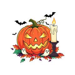 Pumpkin with Glowing Candle – Spooky Jack-o'-Lantern, Autumn Holiday Decoration Isolated on Transparent Background