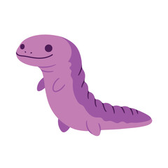 Cute purple cartoon lizard monster character smiling.