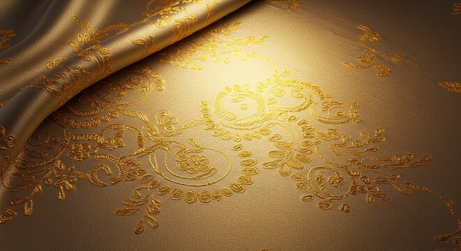 Experience luxurious elegance with this stunning gold embroidered fabric, perfect for adding a touch of opulence to your design projects and creating memorable moments