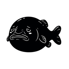 Sad fish illustration with a melancholic expression in black and white.