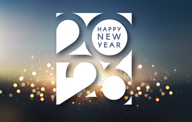 2026 Happy New Year text with bokeh and light effect. Holiday celebration banner