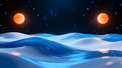 Obraz premium A surreal cosmic seascape featuring two glowing orange celestial bodies above undulating blue and white waves under a starry night sky.