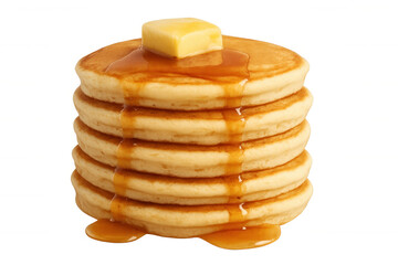 Stack of golden pancakes dripping with maple syrup and melting butter for a sweet breakfast or dessert treat