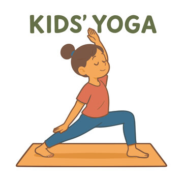 Cartoon Child in Yoga Pose on Mat Eyes Closed Reaching Upward.