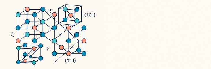 Crystalline lattice structure illustration with colorful atoms and labeled planes on clean light science background with empty copyspace on the right. Ai generative